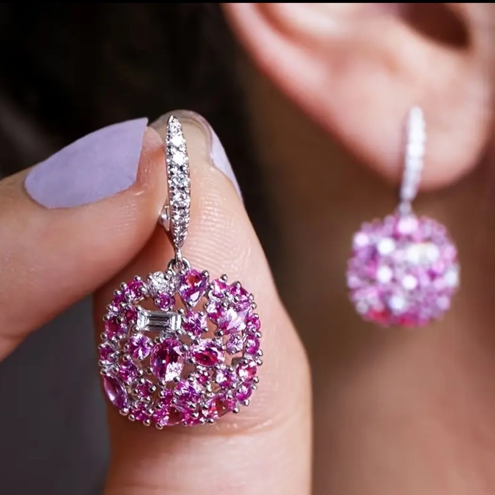 🌸SilverTone Pink Cz Diamond Cluster Drop Dangle Earrings